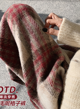 加绒格子裤子女秋冬2025新款高腰垂感棉裤直筒休闲红色毛呢阔腿裤