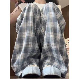 蓝色格子裤子女夏季2025新款春秋显瘦休闲裤小个子冰丝格纹阔腿裤