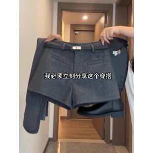 高腰显瘦小个子加绒a字外穿热裤 女秋冬2025新款 短裤 灰色毛呢西装