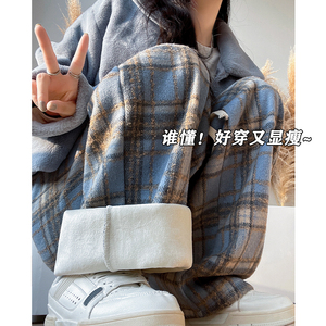 毛呢格子裤女秋冬季2023新款高腰垂感慵懒宽松加绒蓝色休闲阔腿裤