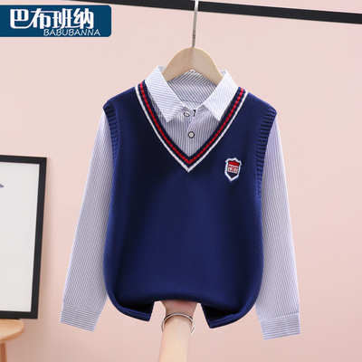 儿童假两件毛衣秋冬款纯棉