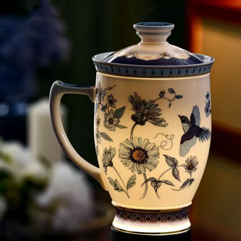 唐山骨瓷青花茶漏杯老板杯带盖主人杯陶瓷过滤茶杯喝水杯礼盒包装