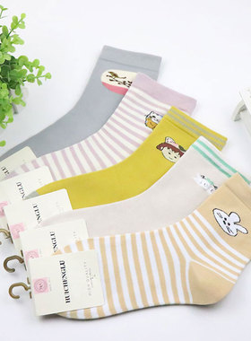 5双装秋冬中厚防臭吸汗保暖纯棉中长筒袜全棉休闲袜可爱卡通女袜