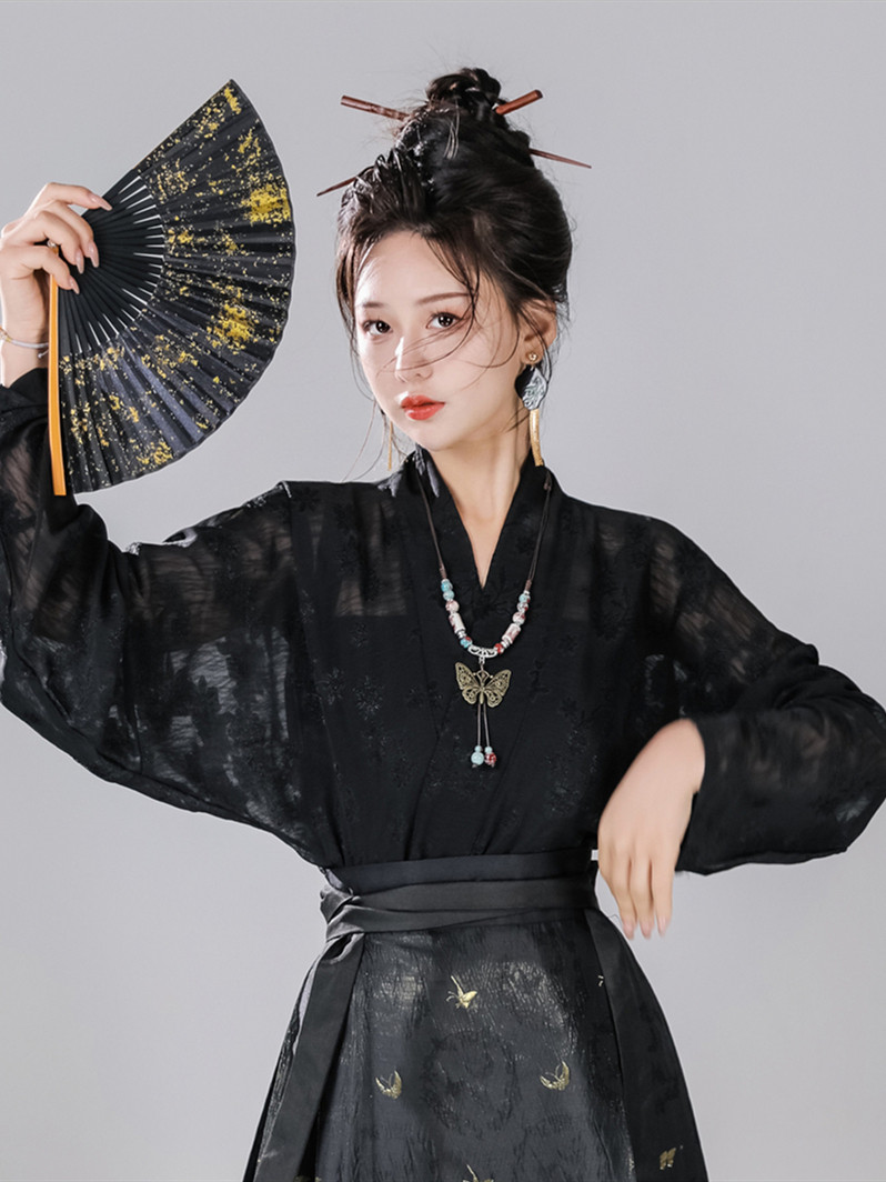 青鸾记原创汉服宋制交领提花飞机袖黑色白色改良汉元素夏季薄款,女装/女士精品,汉服上装,淘宝优惠券,粉丝福利购,淘宝优惠卷