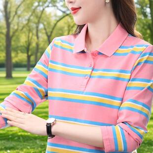 翻领宽松女T恤纯棉中年妈妈休闲运动上衣带领polo衫女打底体恤衫