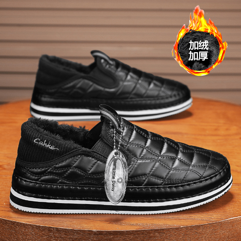 一脚蹬男棉鞋冬季加绒加厚保暖防水防滑黑色休闲鞋菱格纹低帮男鞋