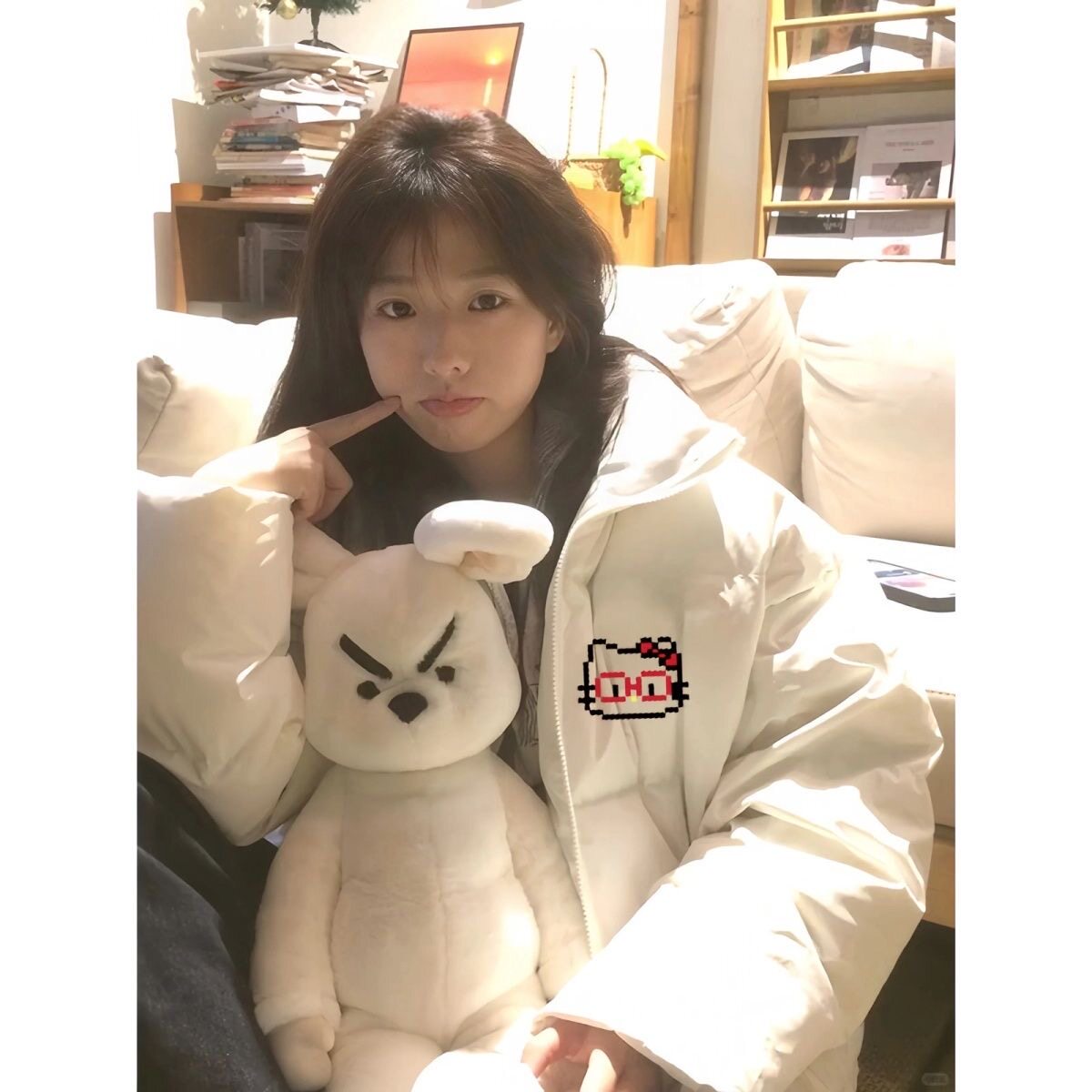 美式冬季立领羽绒棉服少女大童初中高中学生米白色宽松保暖外套潮