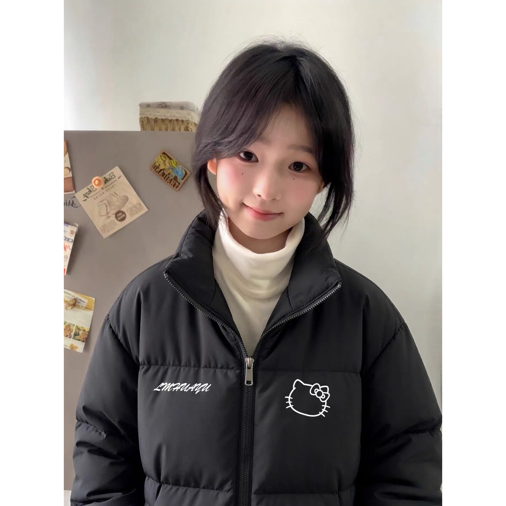冬季保暖羽绒棉服女大童初中高中学生黑色立领拉链宽松面包服外套