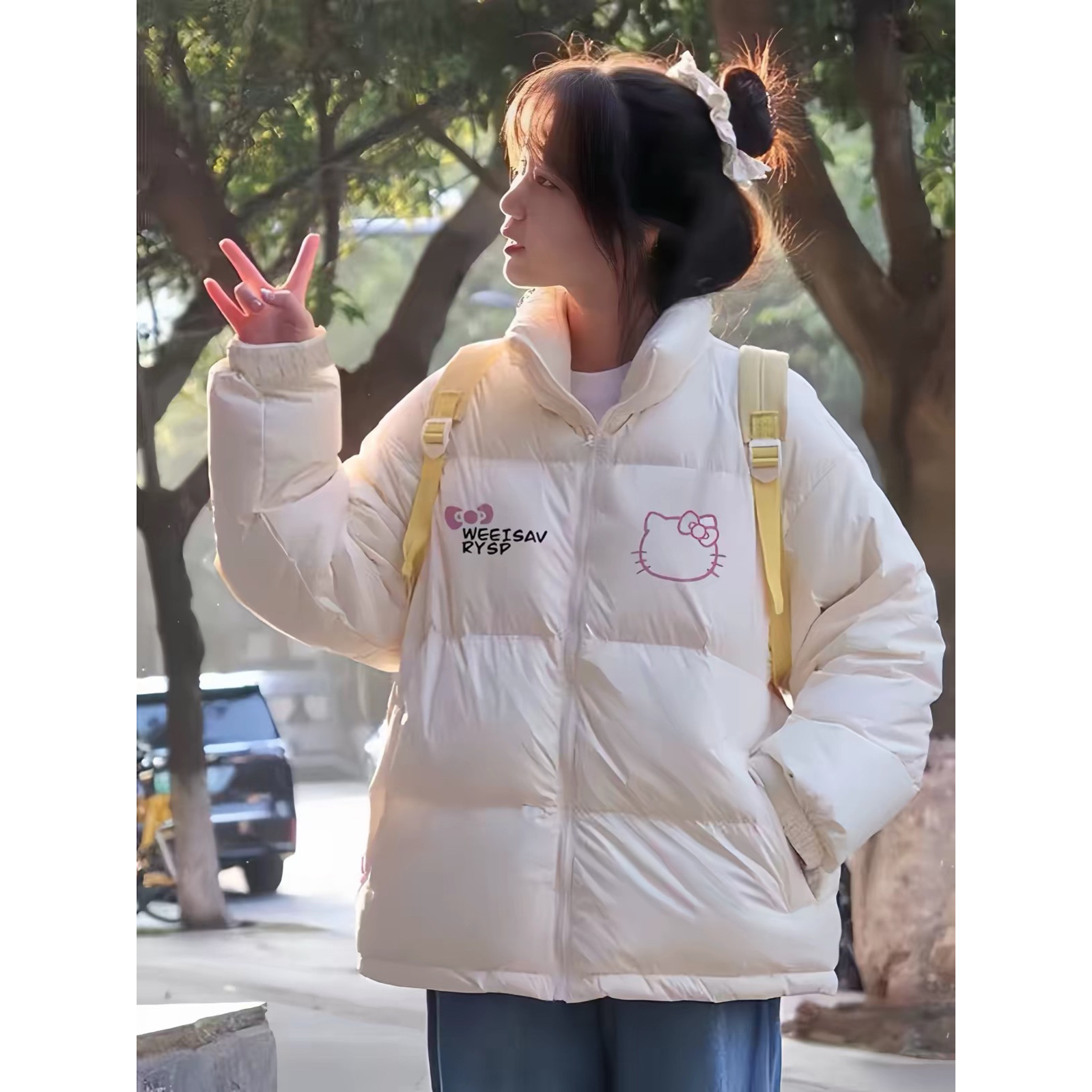 美式复古印花羽绒棉服女冬季大童初中高中学生加厚保暖开衫外套潮