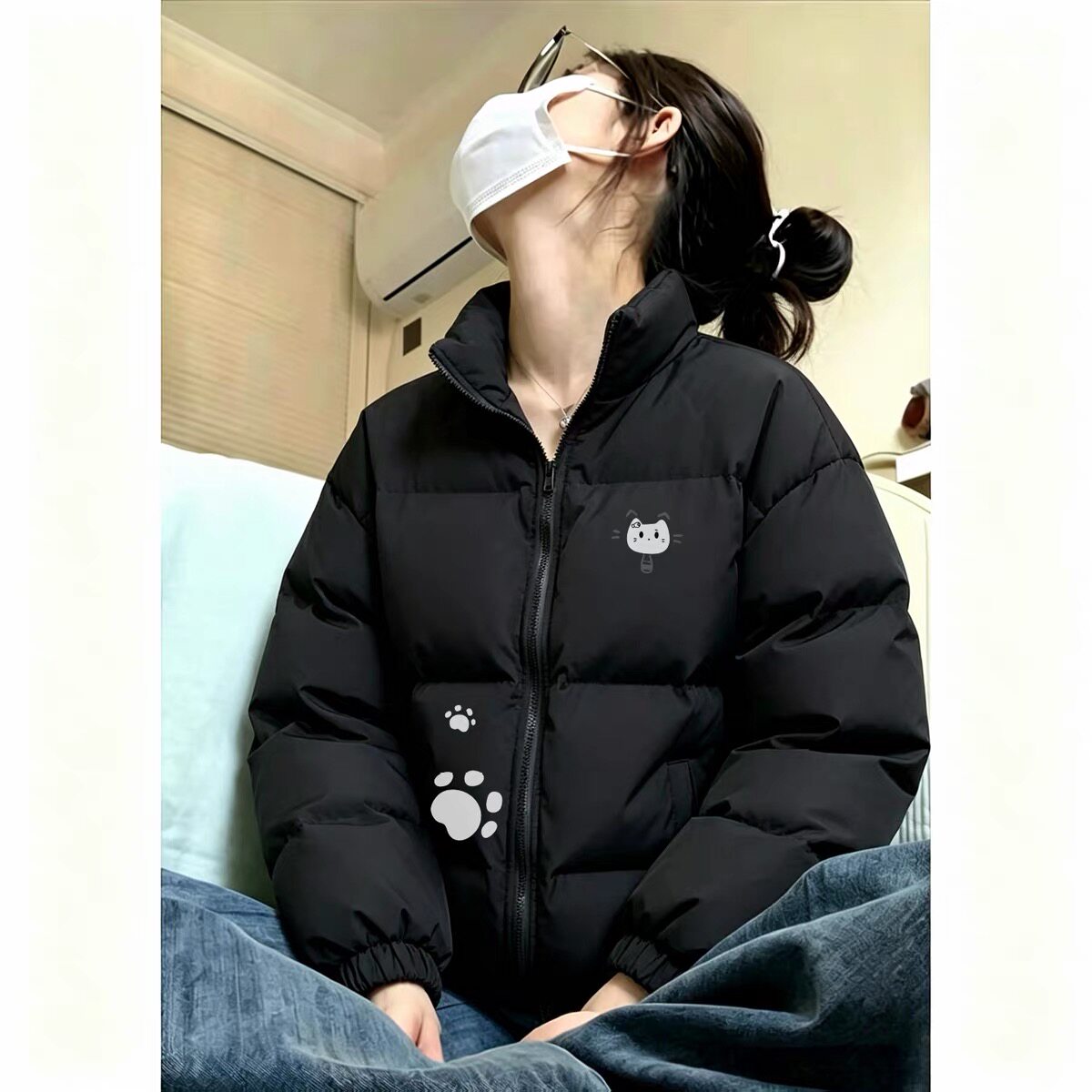 美式街头羽绒棉服女冬季纯黑色高中生宽松复古夹棉防寒立领棉衣潮
