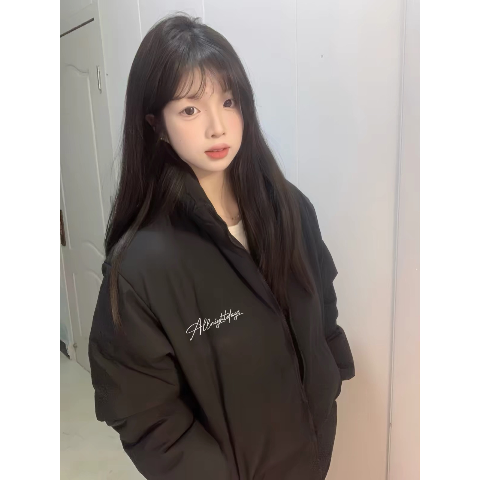 美式街头休闲风黑色立领羽绒棉服少女初中高中生学生宽松保暖外套