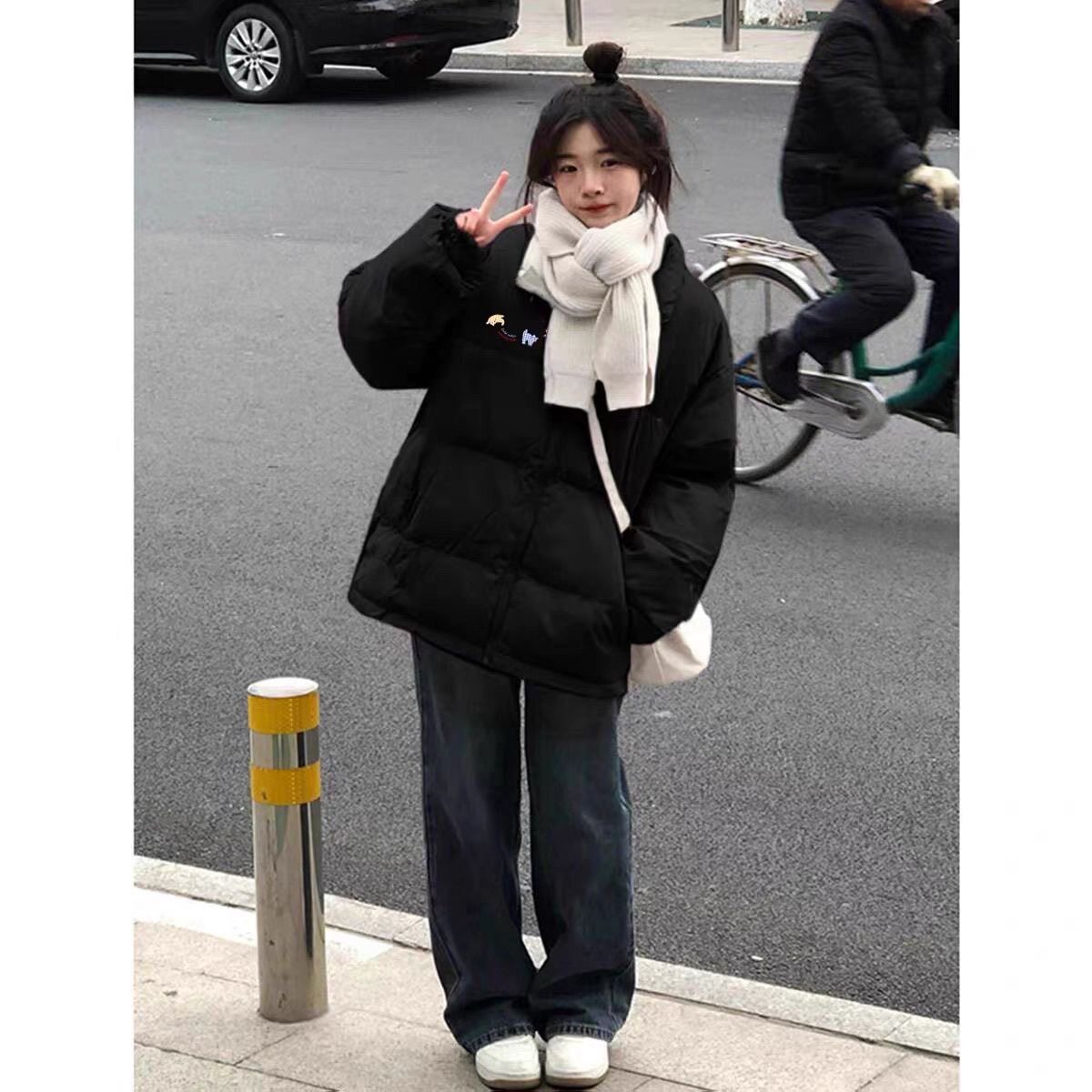 黑色猫咪印花羽绒棉服女秋冬季2026新款初中生宽松面包服棉袄外套