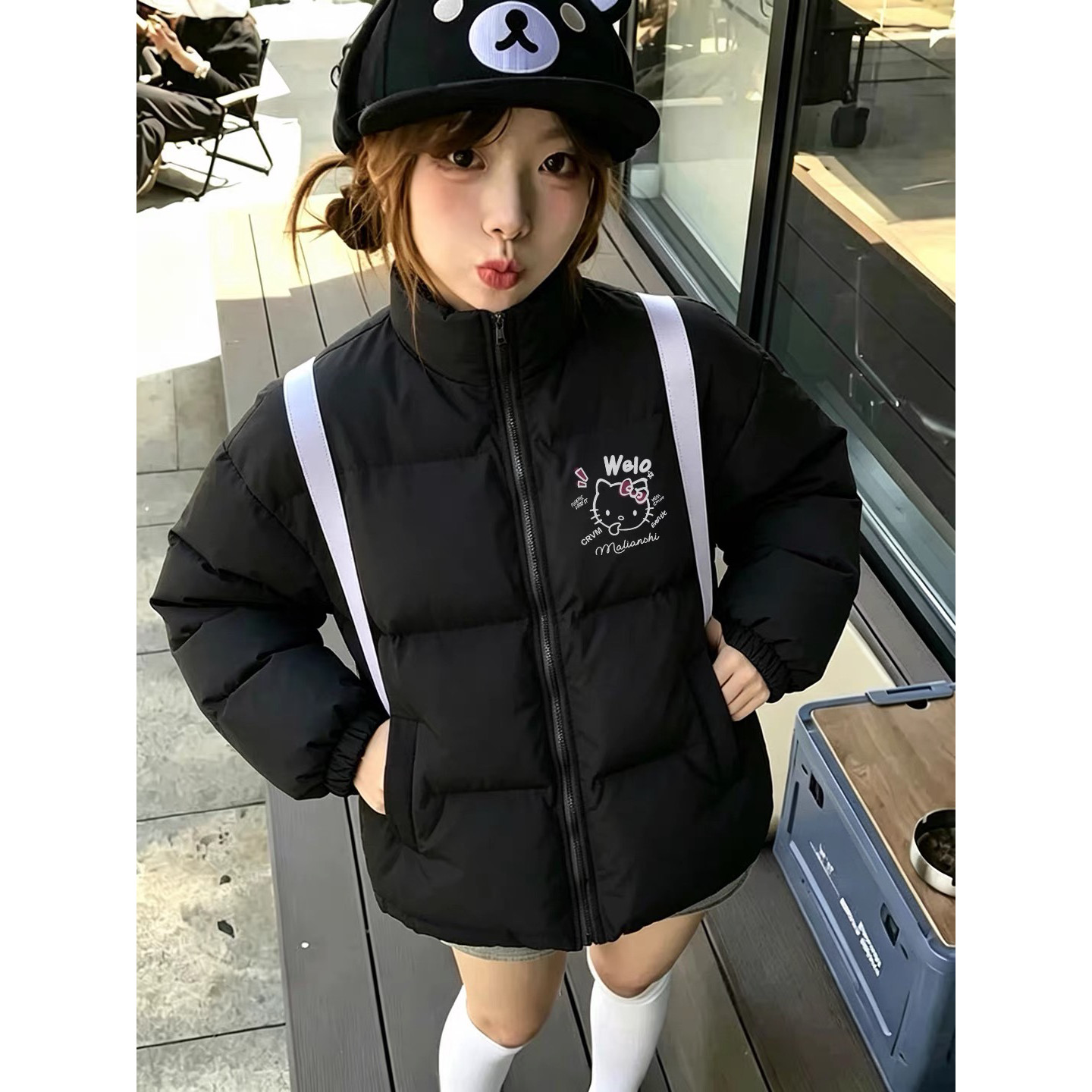 黑色羽绒棉服女冬季复古流行潮流初中生宽松小个子高中生保暖外套