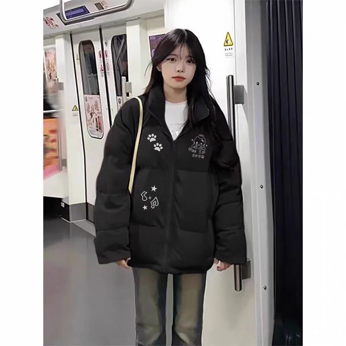美式时尚羽绒棉服女冬季小个子高中生宽松黑色防寒保暖面包服外套