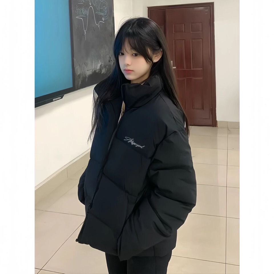 黑色立领面包羽绒棉服女大童冬季装初中高中学生休闲宽松外套棉袄