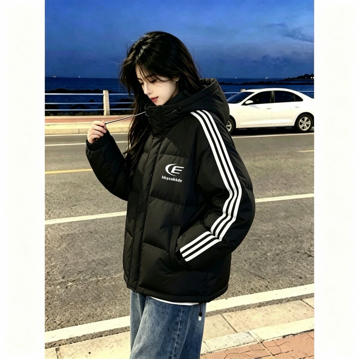 潮酷字母印花连帽羽绒棉服女冬三条杠面包服学生宽松加厚保暖棉袄