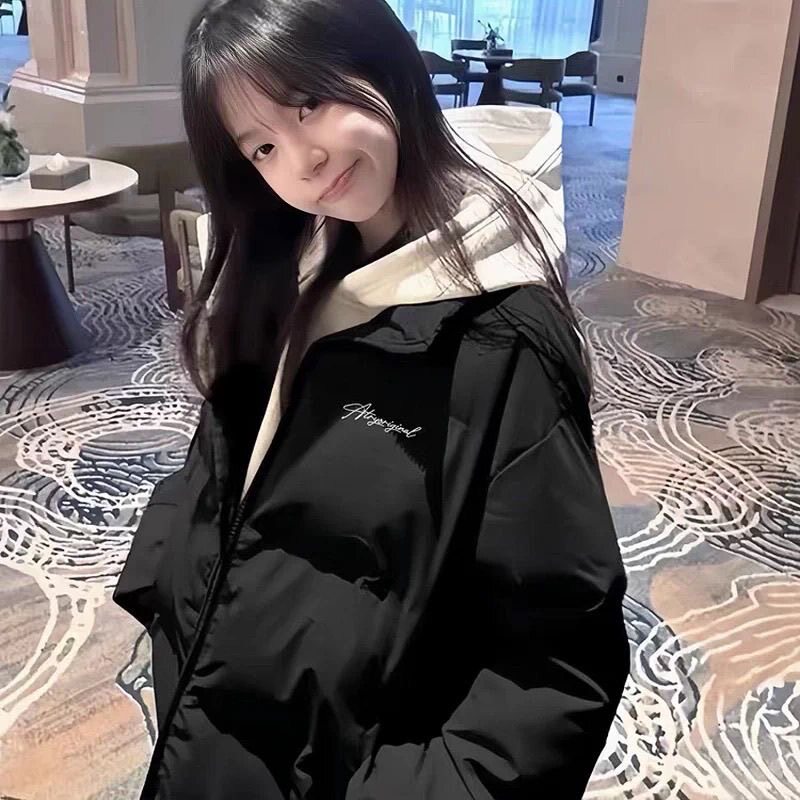 黑色保暖羽绒棉服女中大童冬季初中学生宽松面包服外套棉袄上衣潮