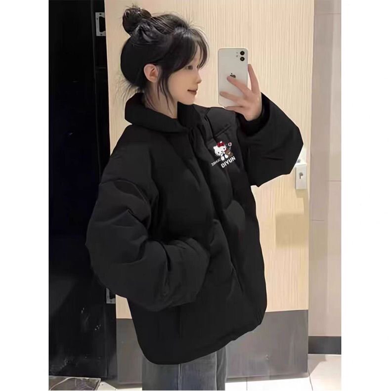 美式加厚黑色卡通羽绒棉服女2026新款冬季学生面包服宽松保暖棉袄
