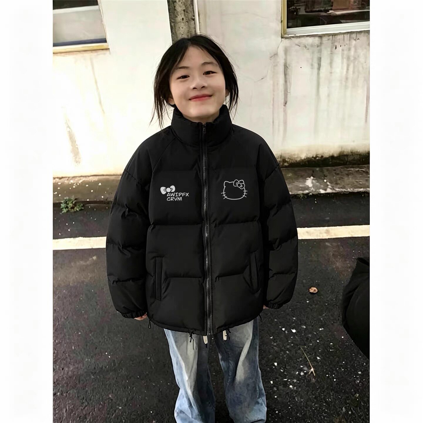 美式黑色羽绒棉服女款冬季潮牌街头保暖初中生夹棉防寒立领面包服