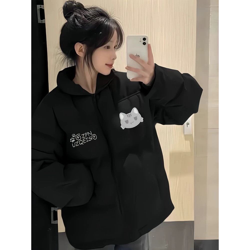 美式卡通可爱黑色羽绒棉服女大童初中高中学生宽松面包服棉袄外套