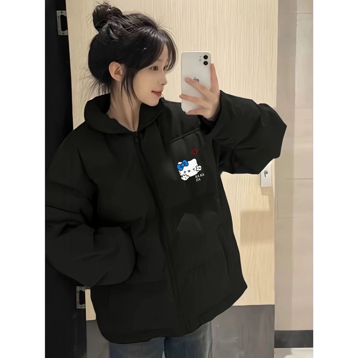 冬季kitty猫羽绒棉服女大童初中高中学生黑色立领宽松保暖外套潮