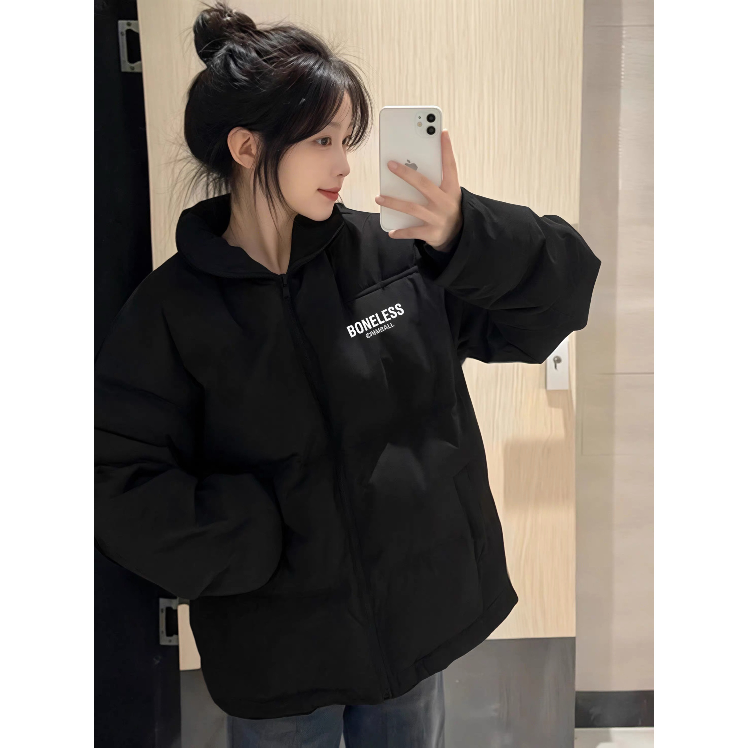 黑色百搭立领羽绒棉服女大童冬季初中高中学生轻薄保暖宽松外套潮