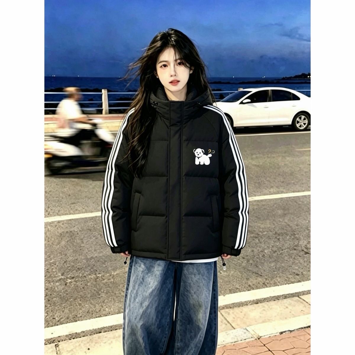 韩系少女羽绒棉服三条杠连帽卡通小狗冬季学生保暖休闲棉衣外套女