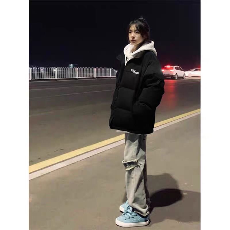 黑色原创印花小众保暖oversize羽绒棉服冬新款百搭设计感面包服女