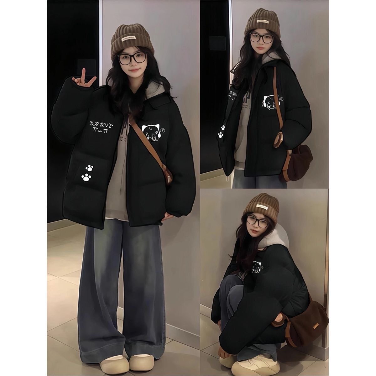 美式卡通黑色羽绒棉服女大童初中高中学生加厚oversize面包服外套
