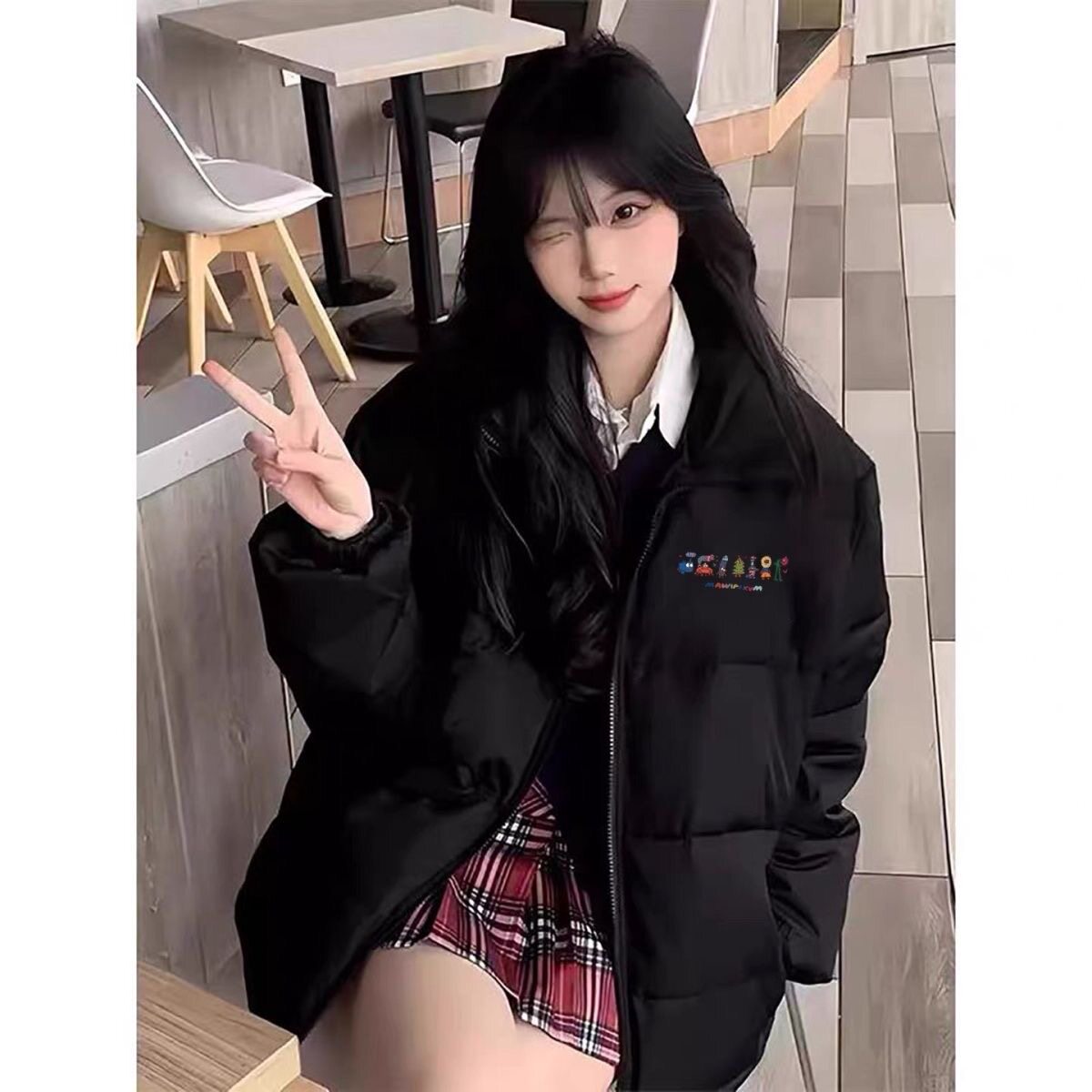 黑色个性羽绒棉服女款冬季2026新款高中生夹棉保暖面包服宽松外套