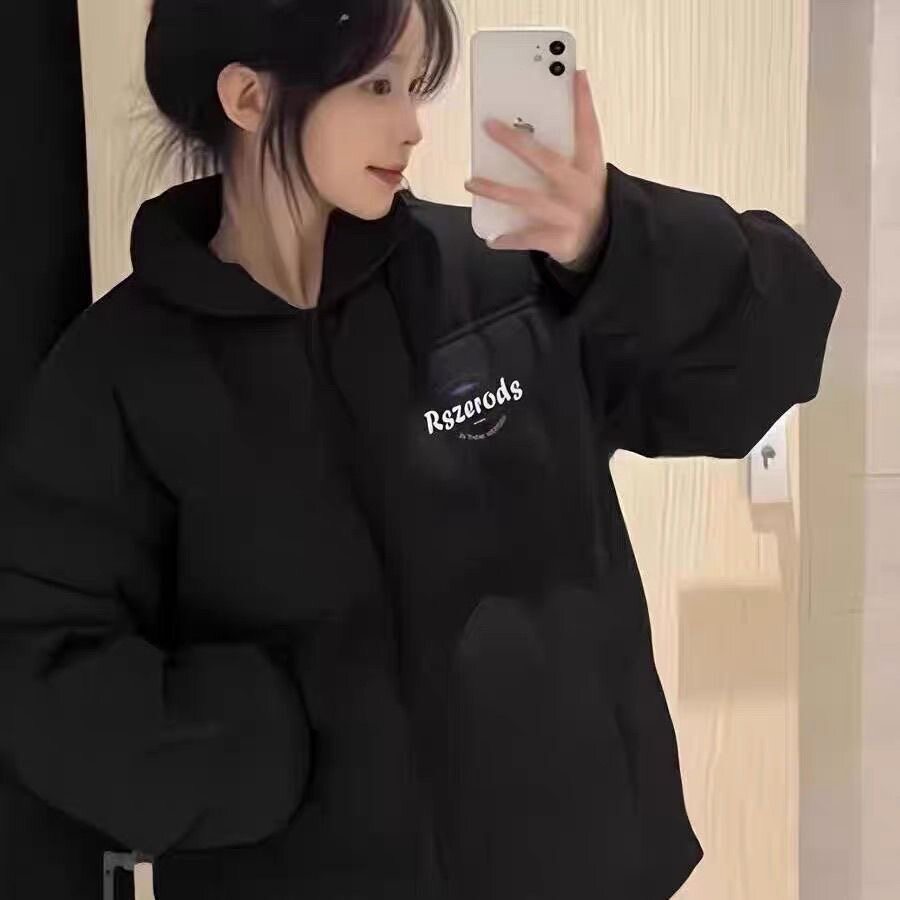 冬季黑色轻薄羽绒棉服女大童初中高中学生宽松加厚保暖立领外套女