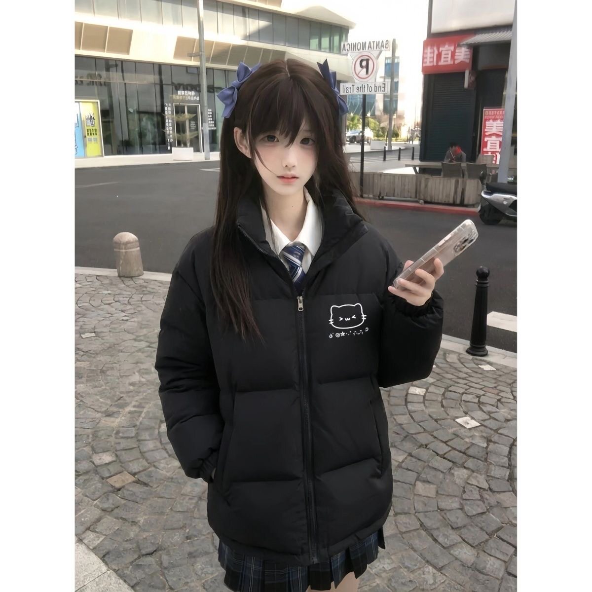 黑色百搭短款立领羽绒棉服女大童初中高中学生宽松保暖防风外套冬