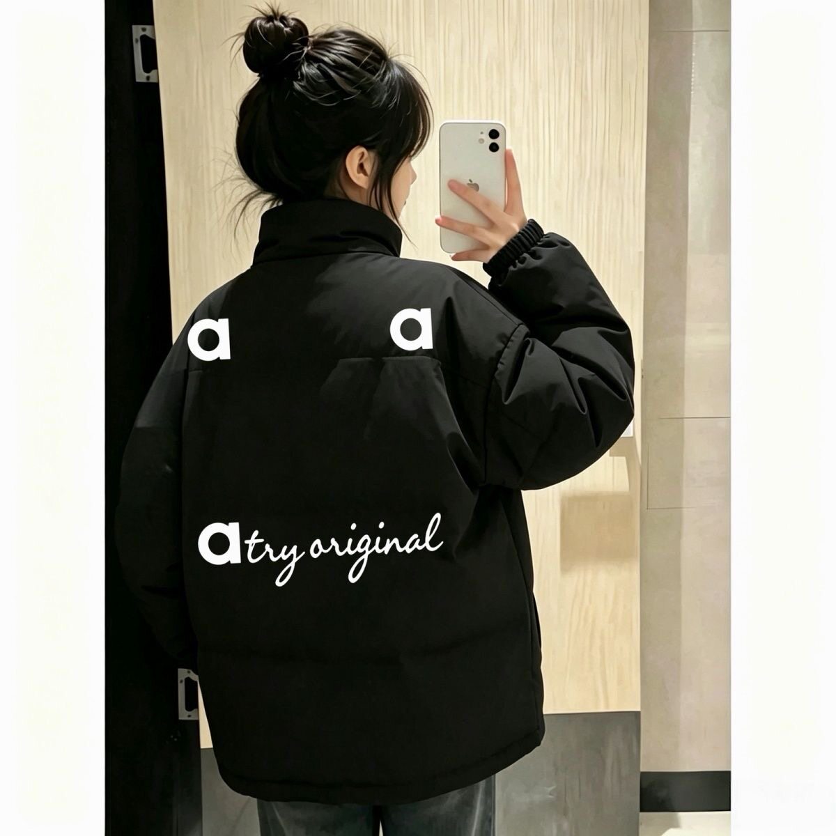 黑色立领棉服女秋冬季加厚宽松面包服学生百搭印花保暖棉衣外套潮