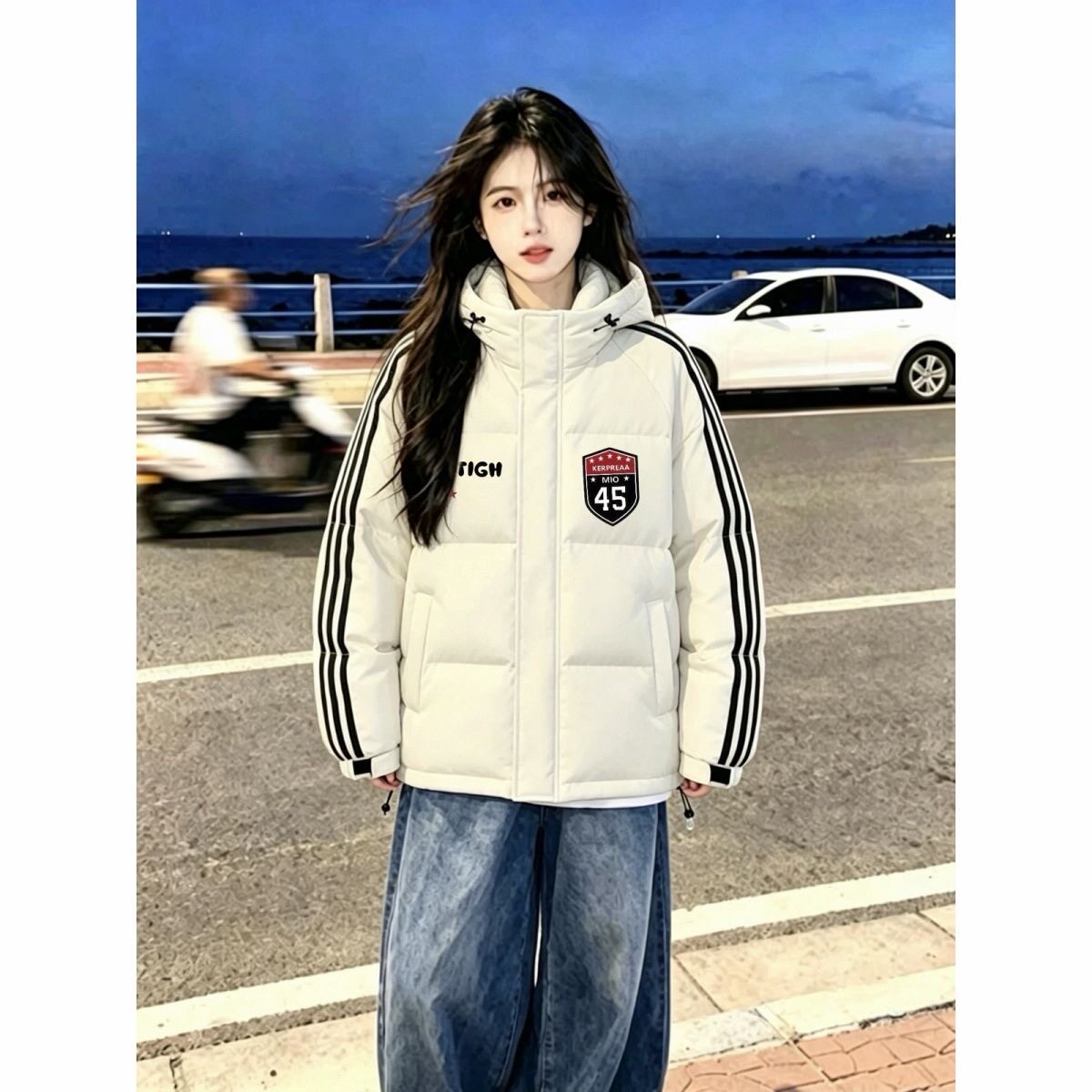 韩系连帽羽绒棉服女冬季宽松百搭三条杠印花学生加厚保暖面包服潮