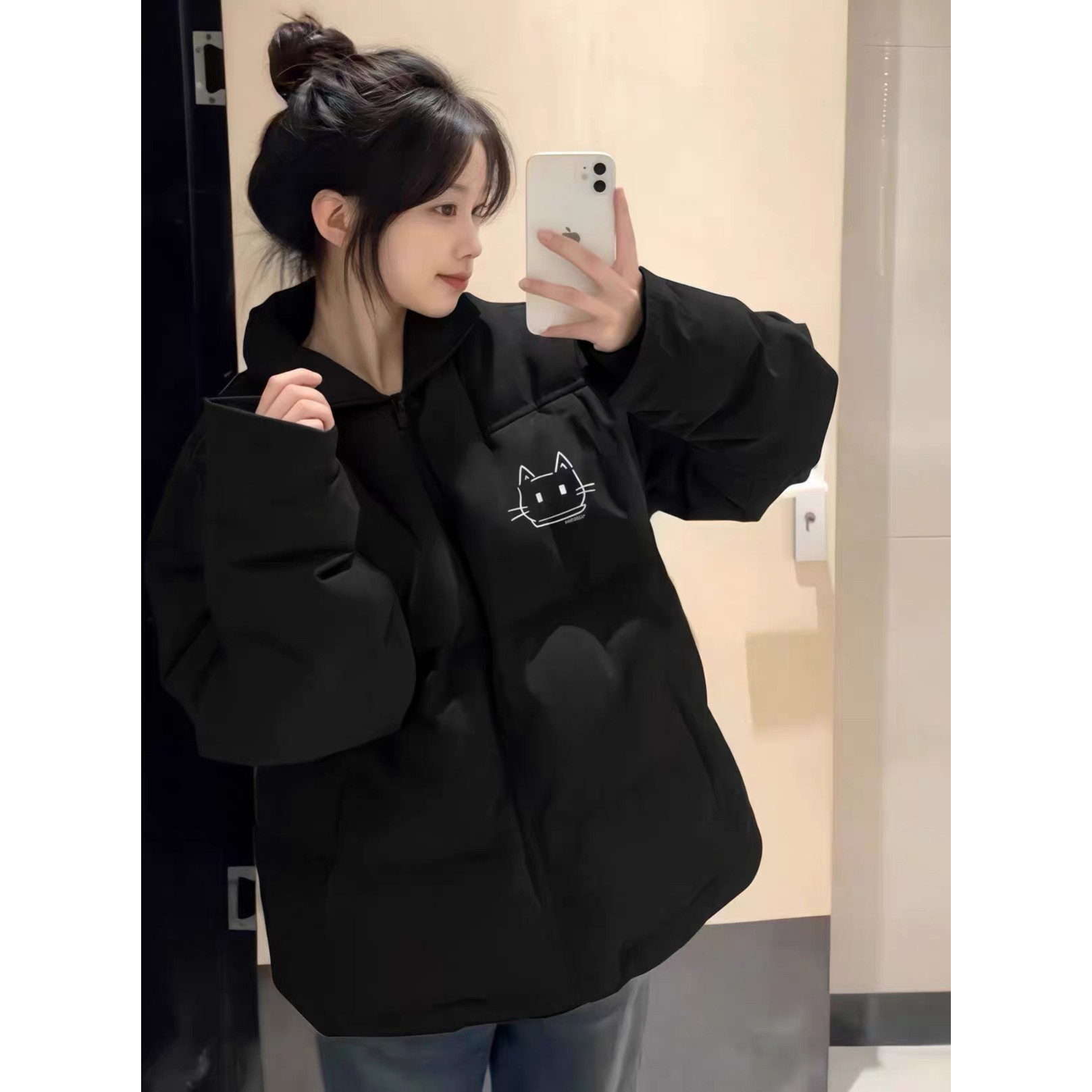 黑色立领羽绒棉服女大童冬季2026初中高中学生宽松棉袄面包服外套