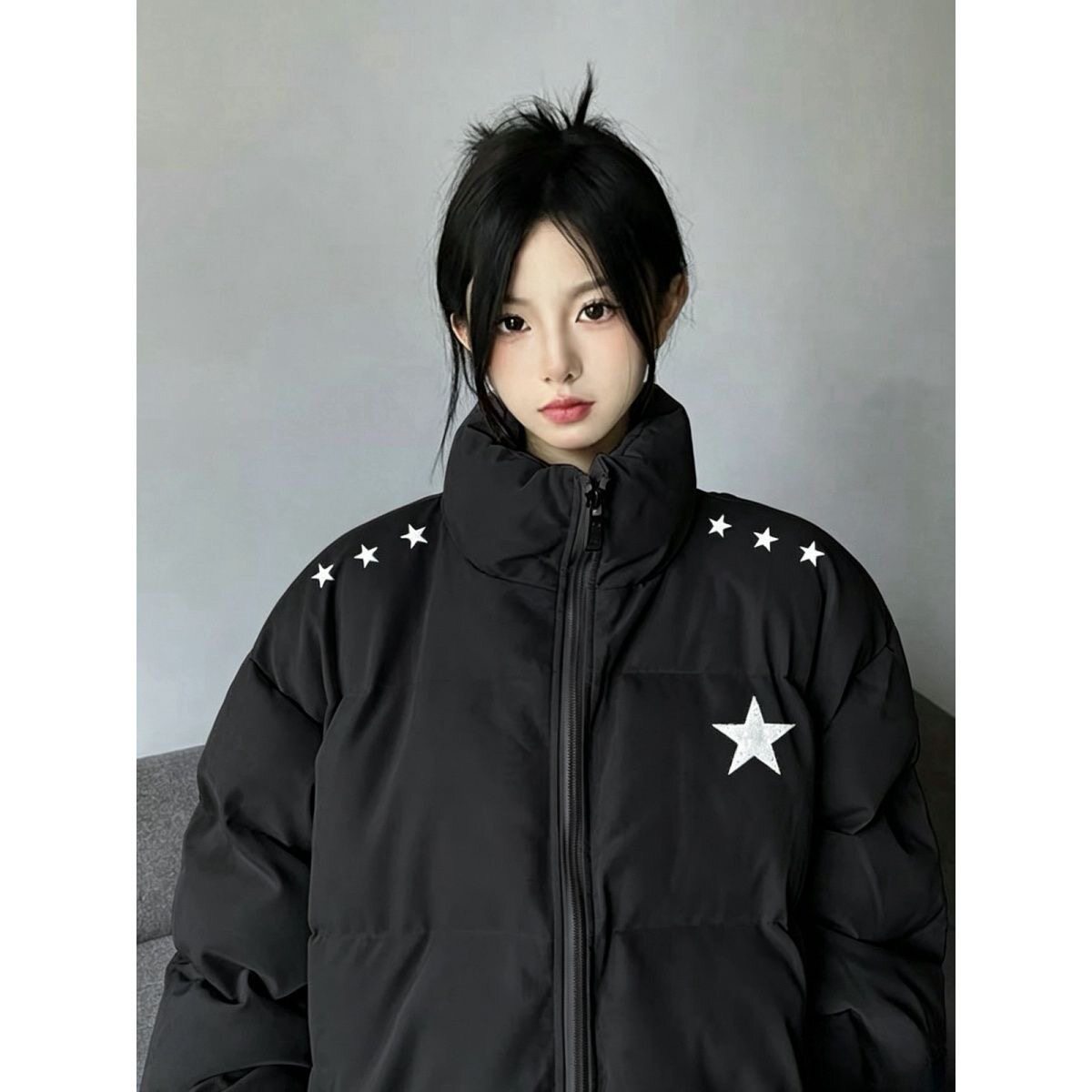 潮牌冬季羽绒棉服女美式星星印花韩系中学生黑色加厚保暖面包服女