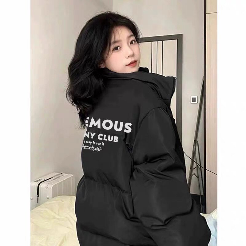 hiphop美式黑色立领羽绒棉服女款冬季新款宽松休闲轻薄保暖外套潮