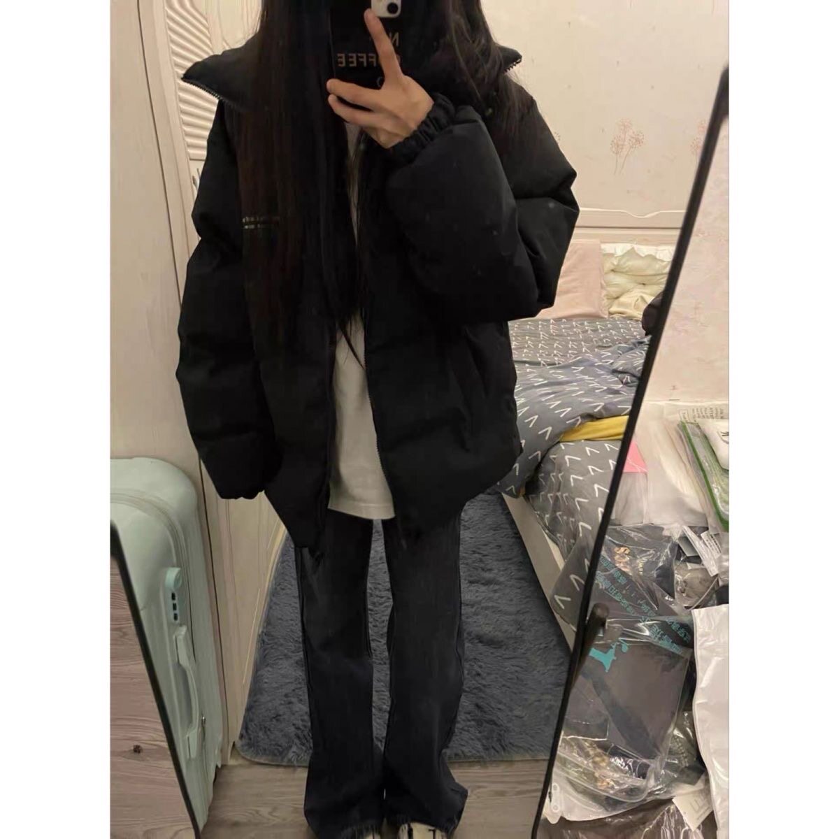 美式复古字母立领羽绒棉服女大童冬季加厚初中高中学生棉袄外套潮