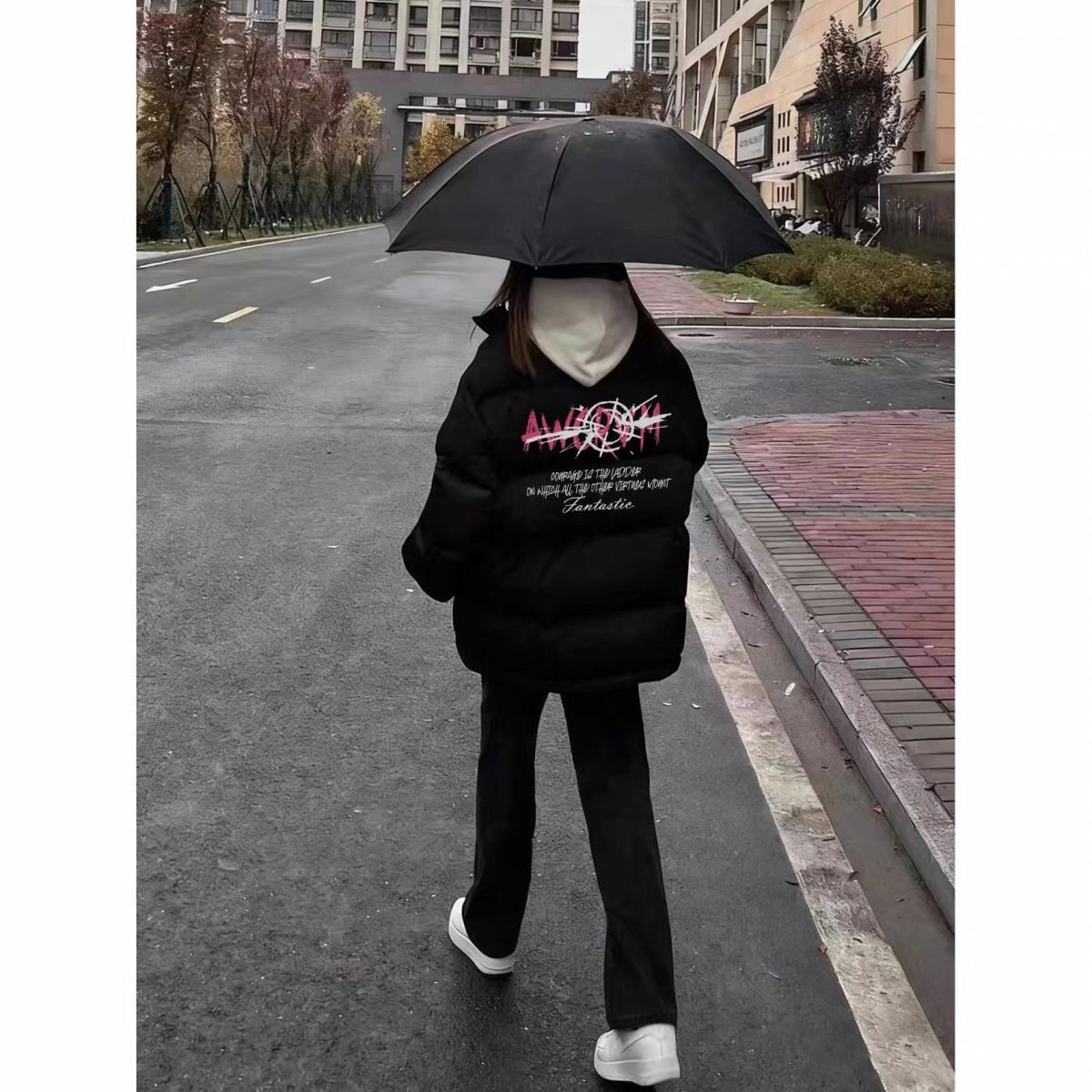 美式黑色羽绒棉服女冬季小个子初中生宽松加厚防寒立领夹棉面包服