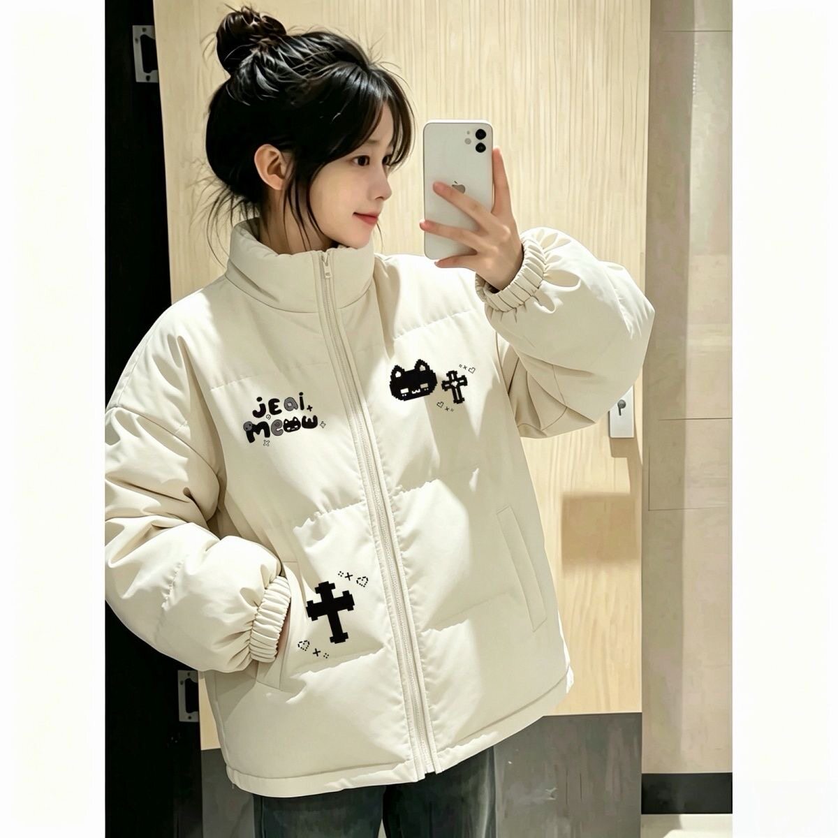 甜酷猫咪字母羽绒棉服女冬季学生立领宽松加厚百搭休闲棉衣外套潮