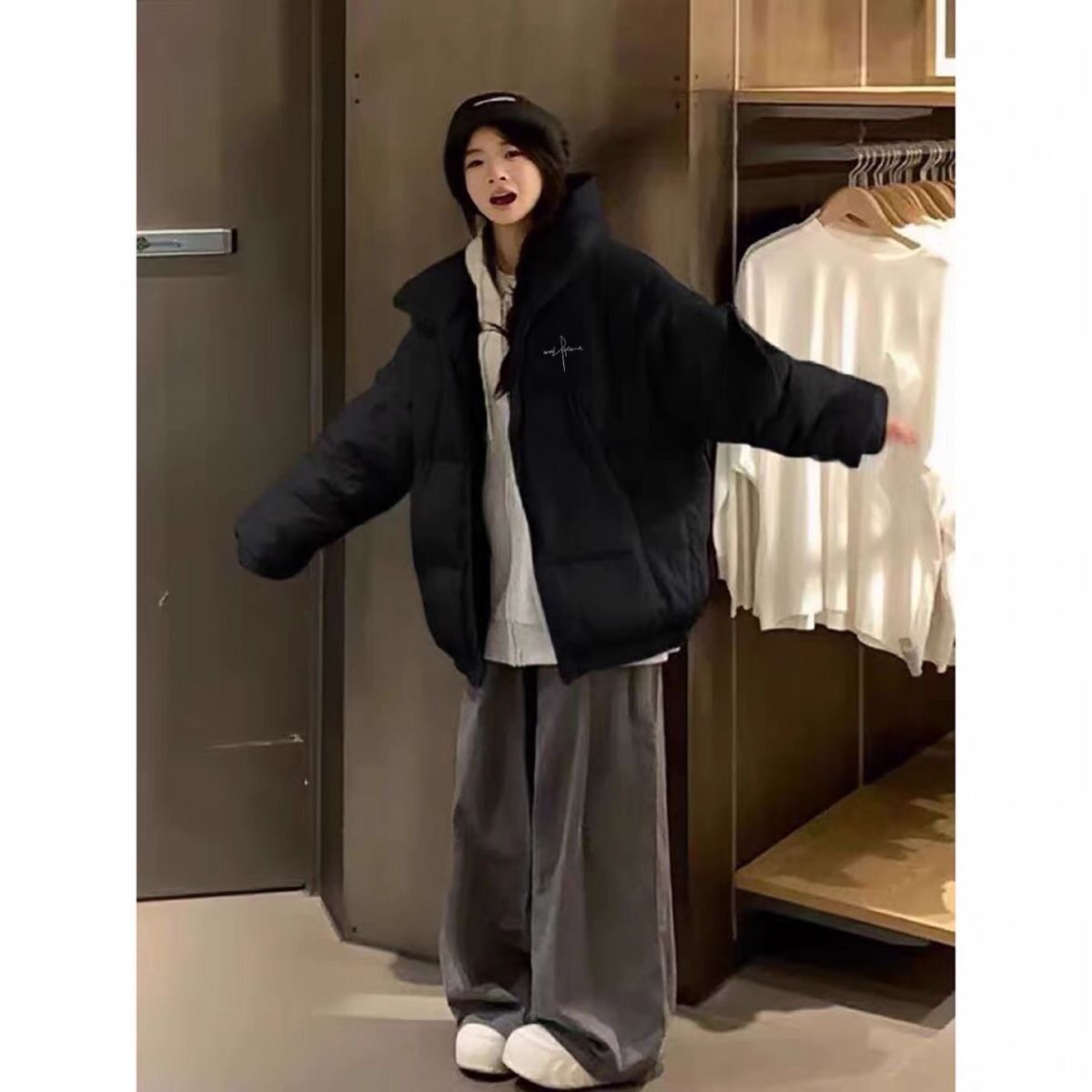 时尚美式羽绒棉服女秋冬季小个子不臃肿加厚立领时尚初中生面包服
