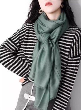 丰紫隅轻薄款气质蓝绿色纯色舒适柔软人字纹纯羊绒围巾女秋冬披肩