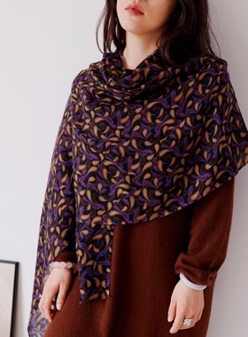 文艺复古紫色满印印花澳洲细羊毛围巾时尚加密工艺棕女披肩春秋冬