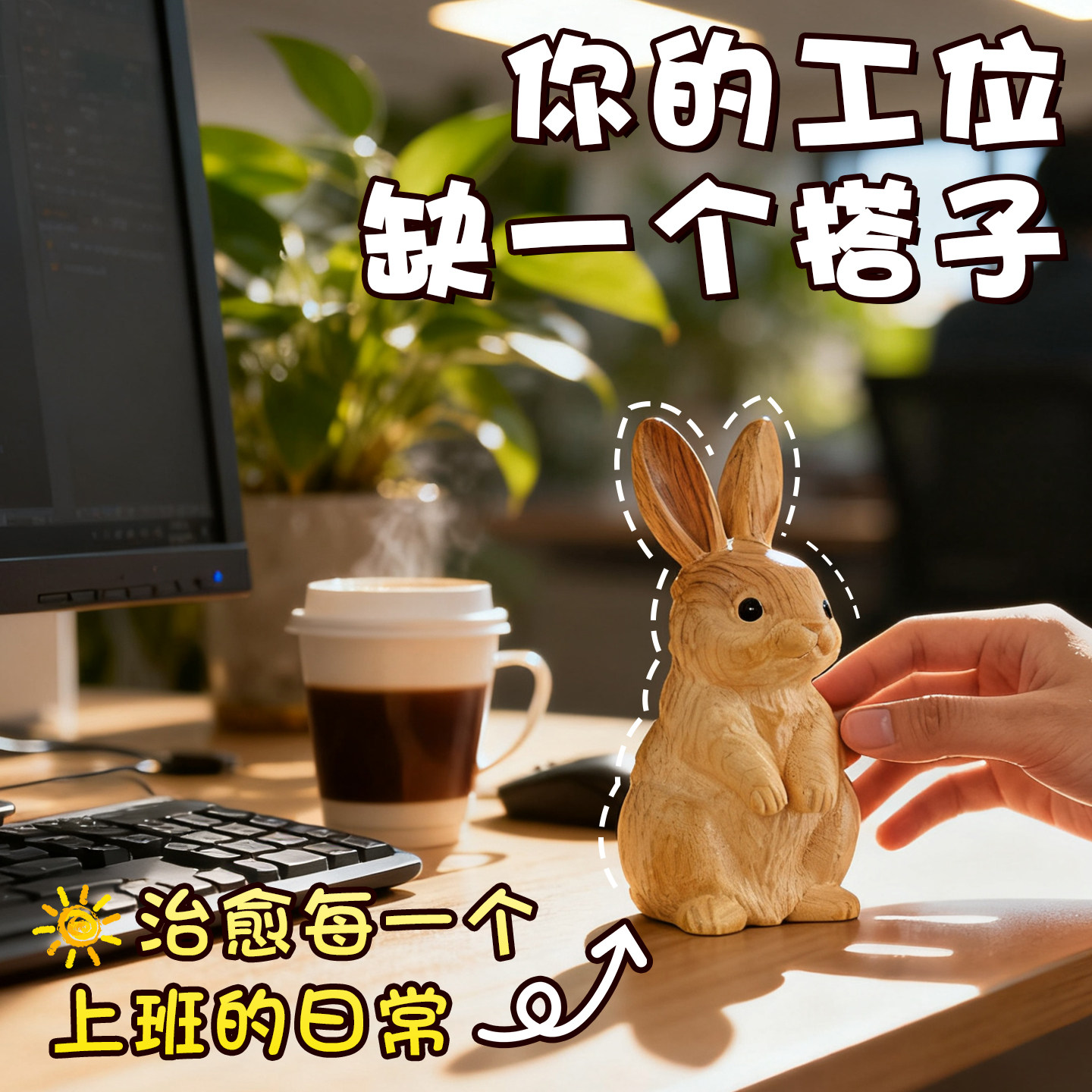 工位情绪稳定器桃木兔子摆件实木木雕刻生肖桌面原色无漆解压摆件