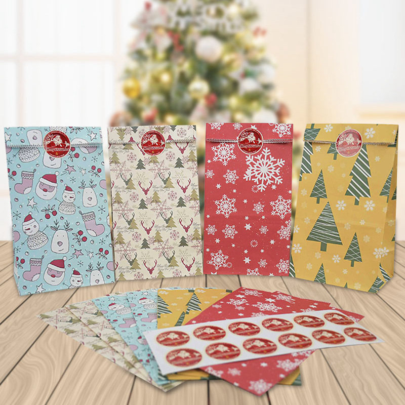 12pcs christmas gift bag kraft paper candy cookies bag with