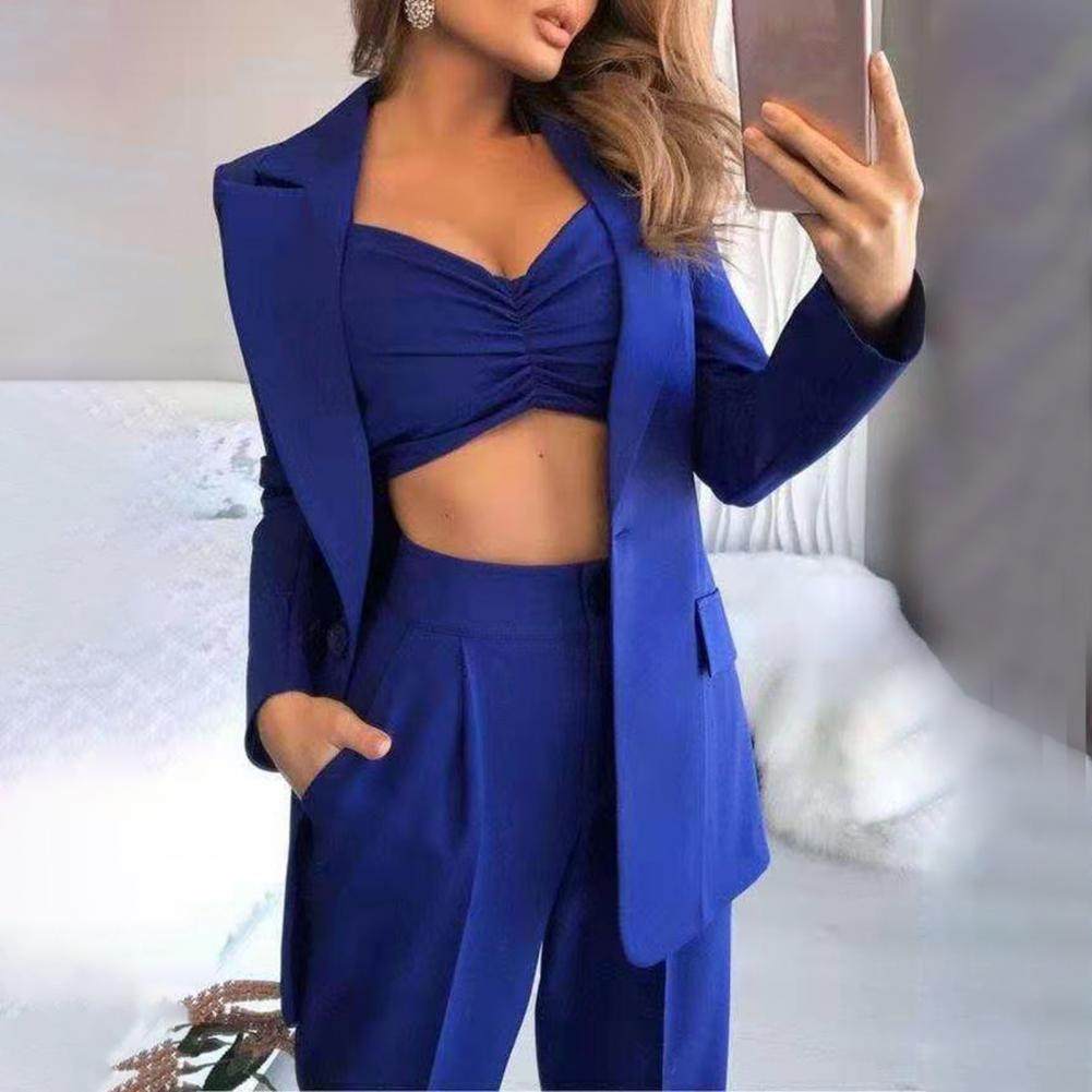 3Pcs/Set Women Suits Blazer Coat Pant Top Summer Single Butt