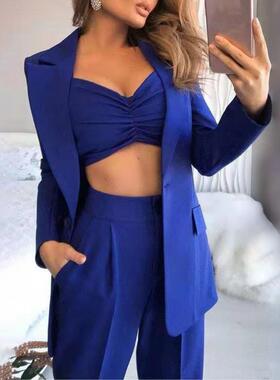 3Pcs/Set Women Suits Blazer Coat Pant Top Summer Single Butt