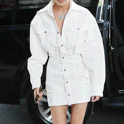 Vestido vaquero de manga larga con cuello vuelto para mujer,