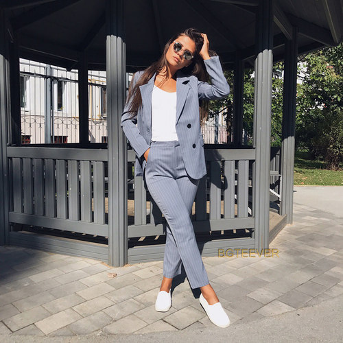 Work Pant Suits OL 2 Piece Sets Double Breasted Striped Bla