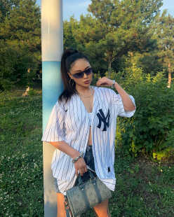 欧美式街头HIPHOP宽松男女加大洋基队NY条纹短袖棒球服开衫外套